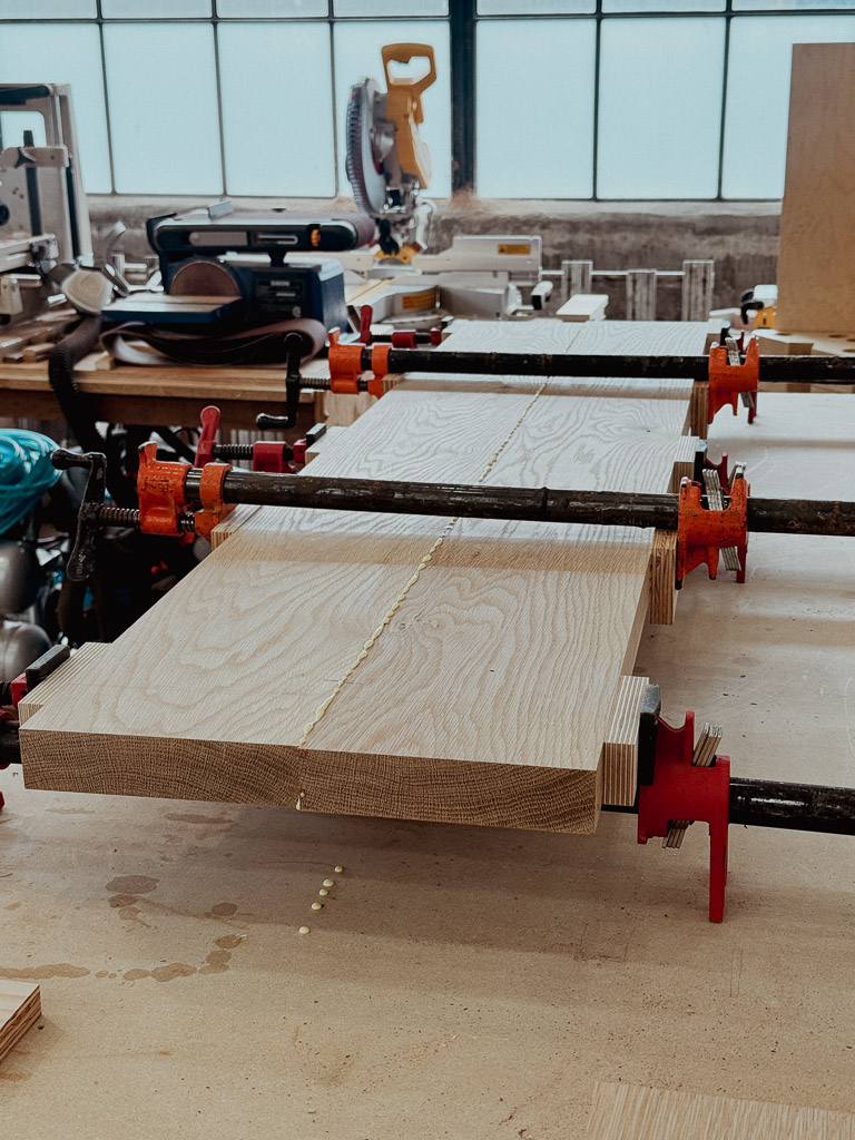 Oak boards glued and clamped together